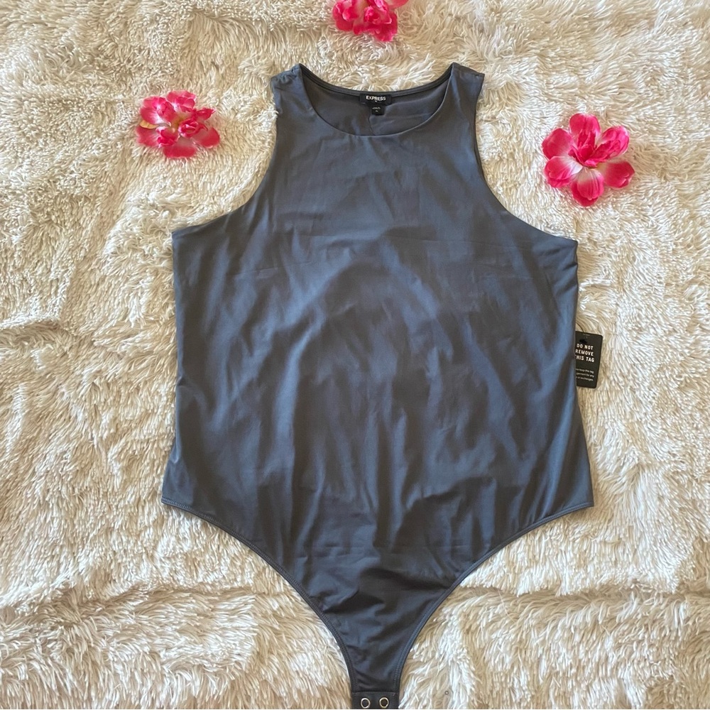 Express Gray Slive Silky High Neck Thong Sleeveless Women's Bodycon Bodysuit - Picture 10 of 10